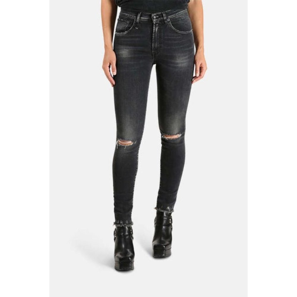 R13 jeans Womens 26 L26 High rise skinny Aiden black cotton blend ripped knees‎